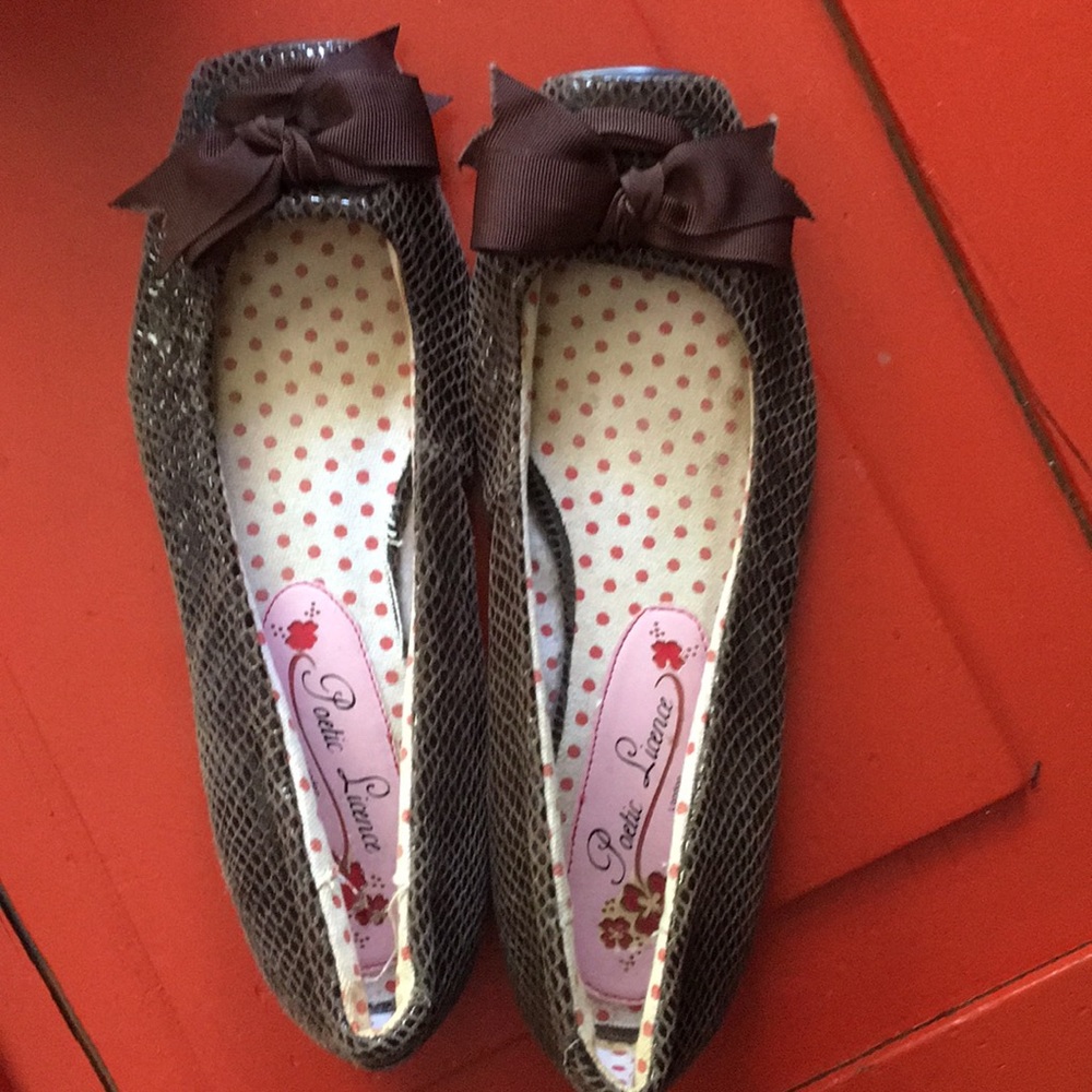 Faux Snakeskin Sq Toe Ballerina Flats, bow on toe